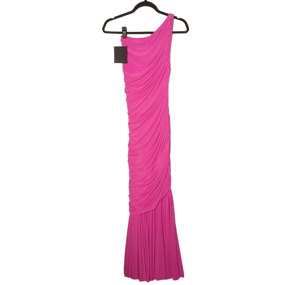 NORMA KAMALI Orchid Pink One Shoulder Ruching Diana Fishtail Gown X-Small NWT - Picture 7 of 13